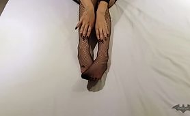 Sofia Lutt PMV foot tease and footjob after playing it sexy in fishnets nylons