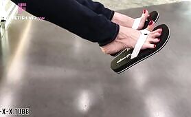 Erotic Nikki Public metro station flip flops footplay